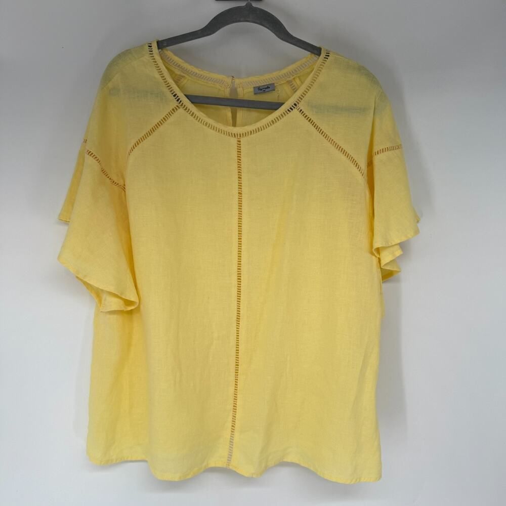 Symple NYC Linen Top Women L Yellow Flutter Short Sleeve Ladder Lace Trim Blouse